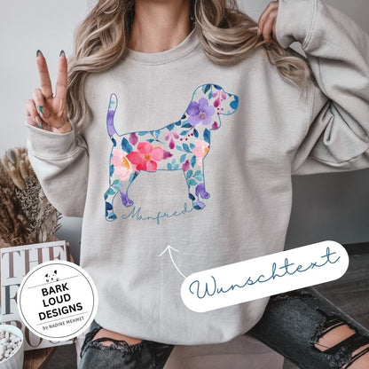 Blumiger Beagle Pullover personalisiert - mit Wunschtext