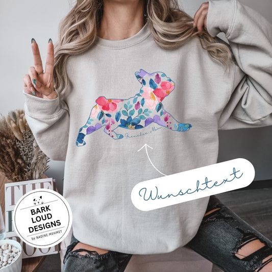 Blumiger Französische Bulldogge Pullover personalisiert - mit Wunschtext