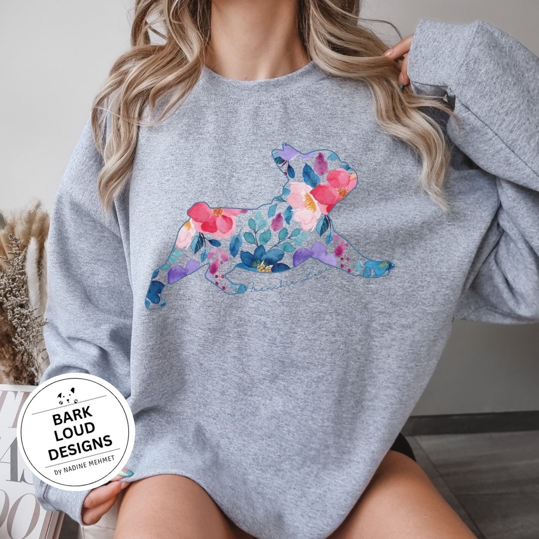 Blumiger Französische Bulldogge Pullover personalisiert - mit Wunschtext