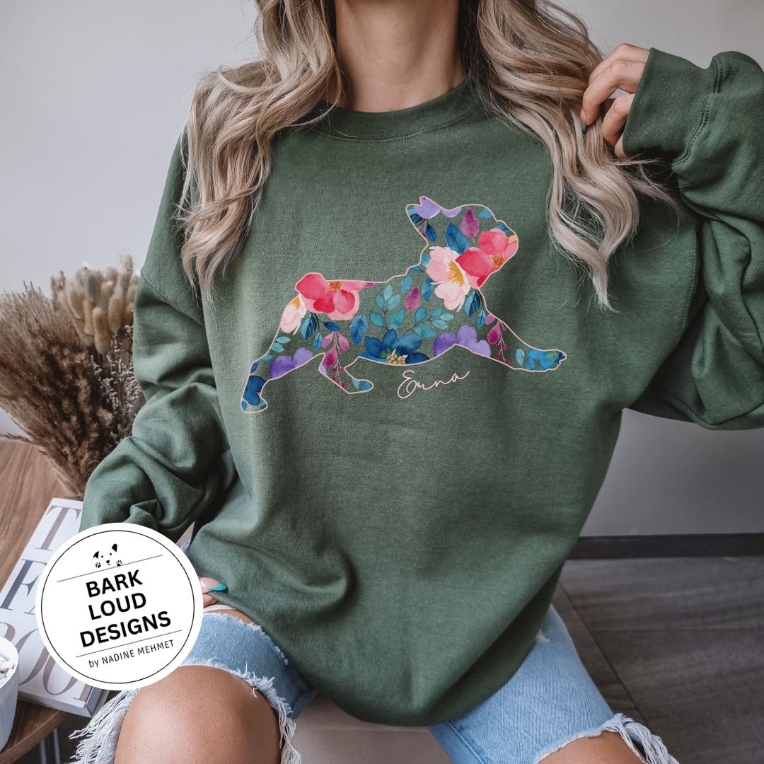 Blumiger Französische Bulldogge Pullover personalisiert - mit Wunschtext
