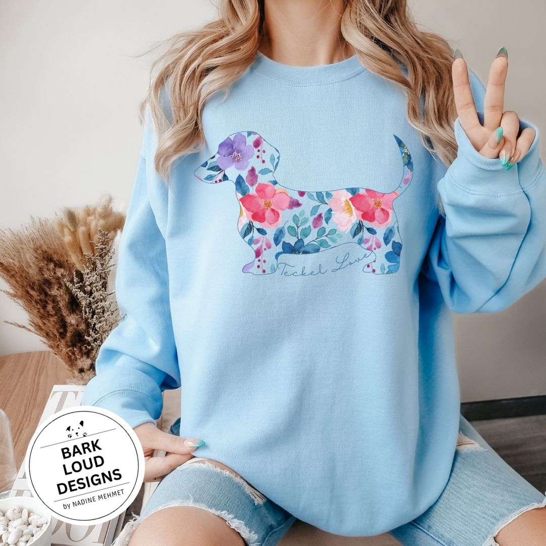 Blumiger Dackel Pullover personalisiert - mit Wunschtext