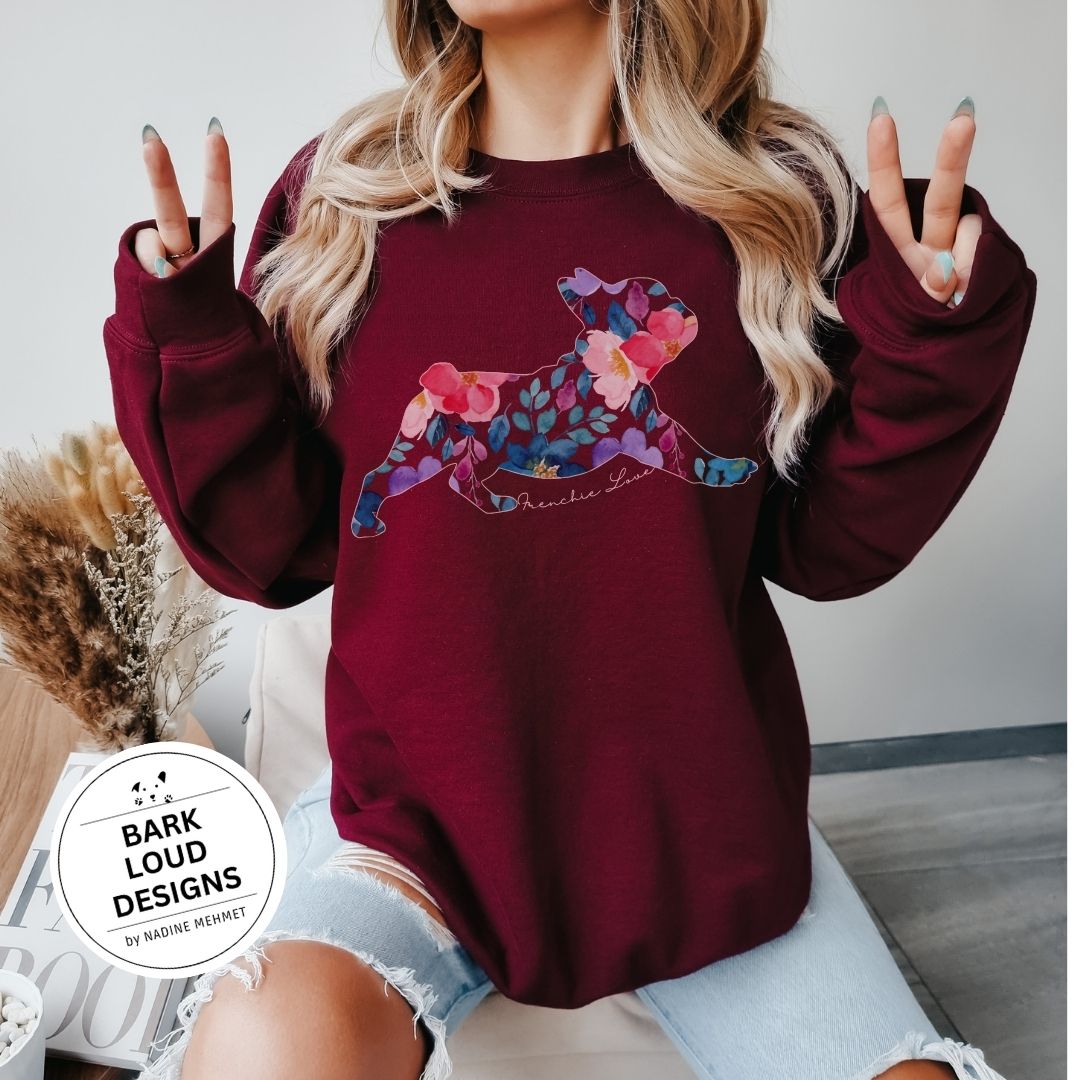 Blumiger Französische Bulldogge Pullover personalisiert - mit Wunschtext