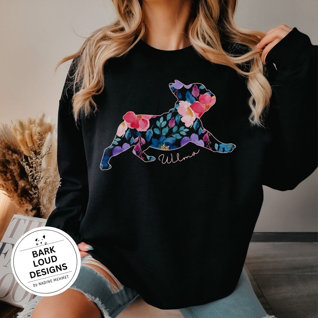 Blumiger Französische Bulldogge Pullover personalisiert - mit Wunschtext