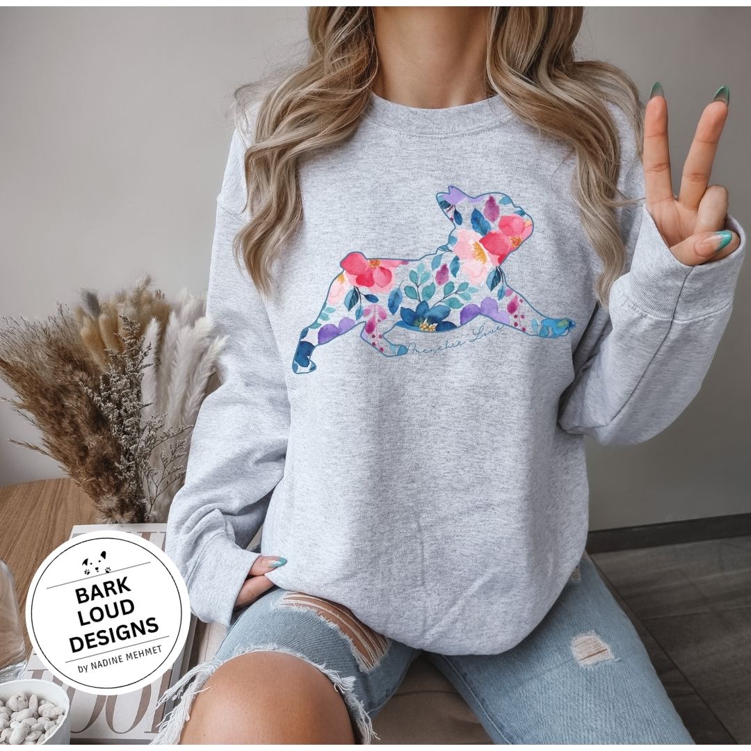 Blumiger Französische Bulldogge Pullover personalisiert - mit Wunschtext
