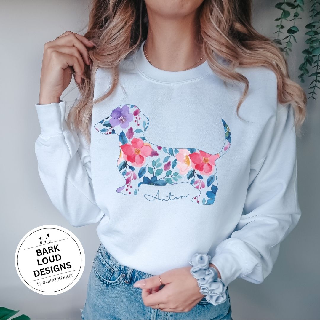 Blumiger Dackel Pullover personalisiert - mit Wunschtext