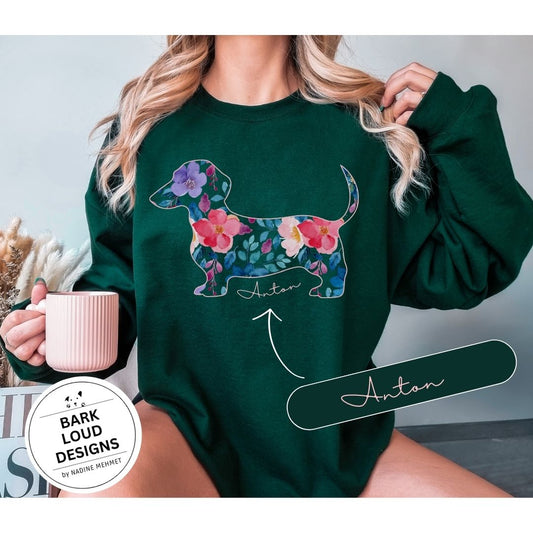 Blumiger Dackel Pullover personalisiert - mit Wunschtext