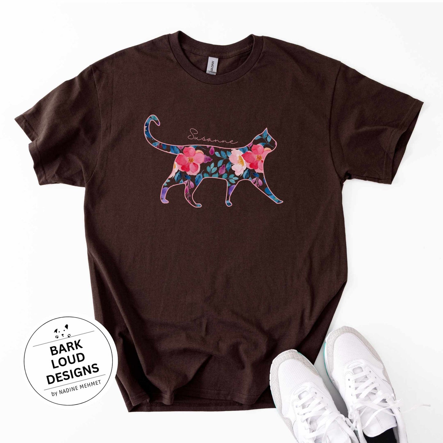 Blumiges Katzen T-Shirt personalisiert - mit Wunschtext