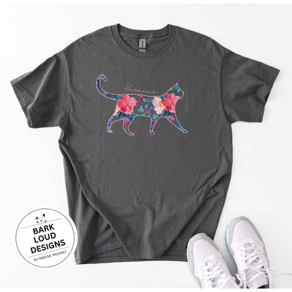 Blumiges Katzen T-Shirt personalisiert - mit Wunschtext