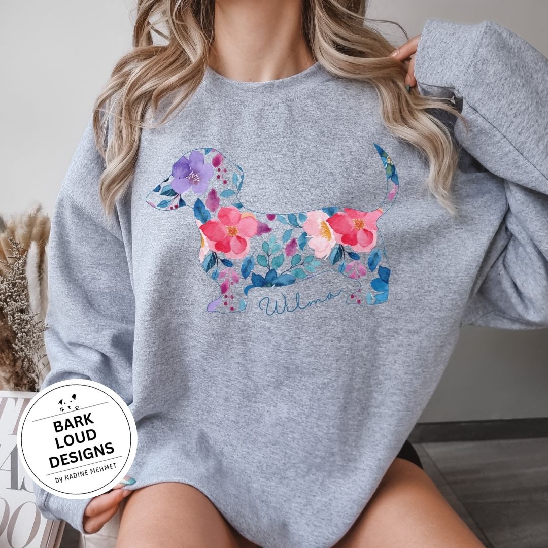 Blumiger Dackel Pullover personalisiert - mit Wunschtext