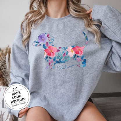 Blumiger Dackel Pullover personalisiert - mit Wunschtext