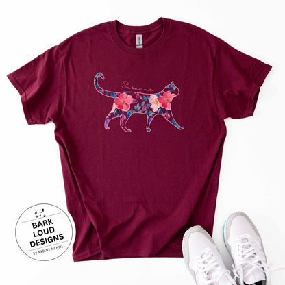 Blumiges Katzen T-Shirt personalisiert - mit Wunschtext