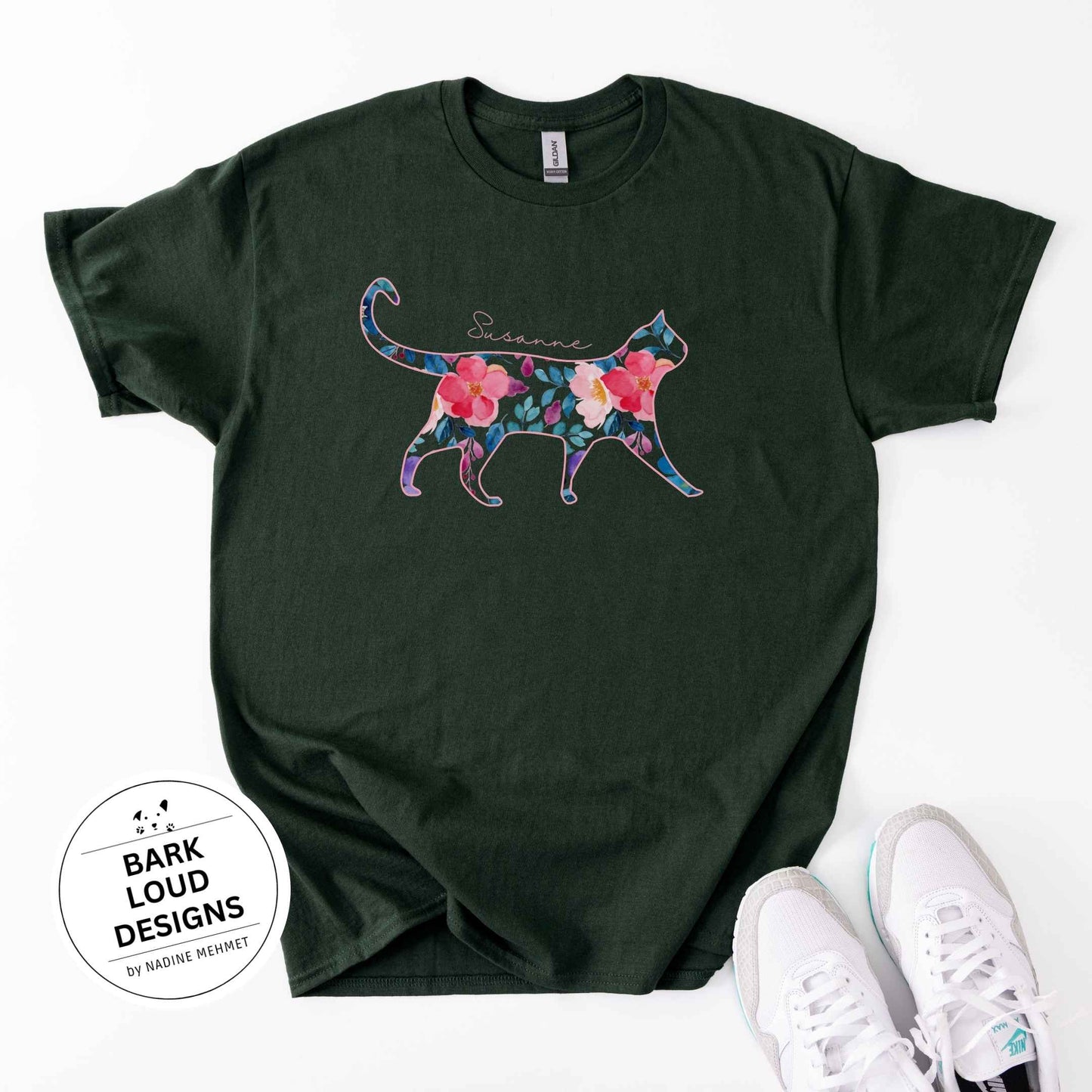 Blumiges Katzen T-Shirt personalisiert - mit Wunschtext