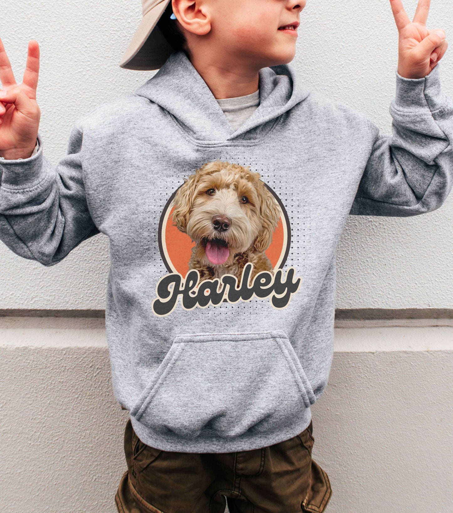 Personalisierter Kinder Hoodie mit Foto und Name Haustier - Retro Kreis