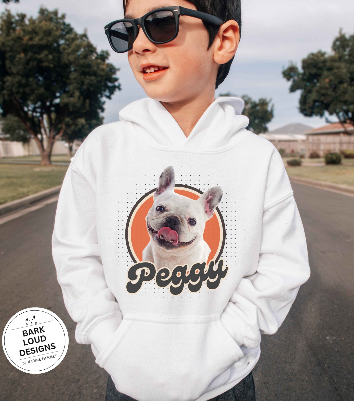 Personalisierter Kinder Hoodie mit Foto und Name Haustier - Retro Kreis