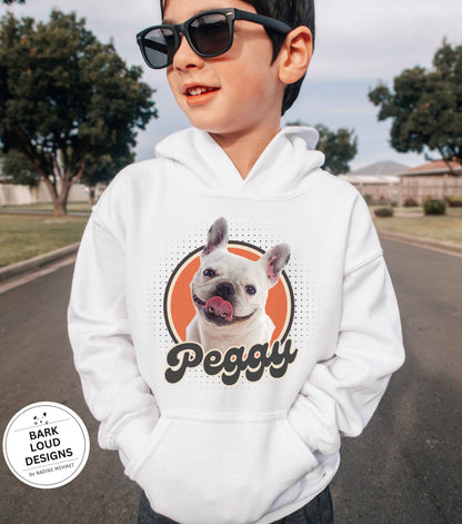 Personalisierter Kinder Hoodie mit Foto und Name Haustier - Retro Kreis