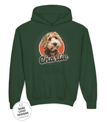 Personalisierter Kinder Hoodie mit Foto und Name Haustier - Retro Kreis