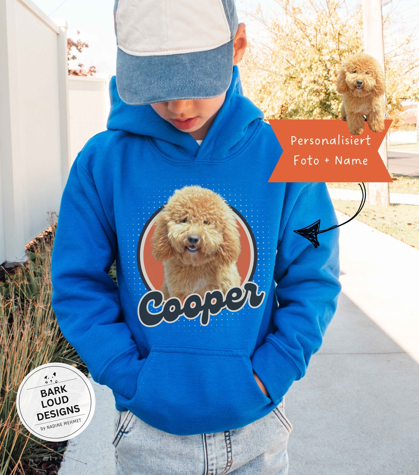 Personalisierter Kinder Hoodie mit Foto und Name Haustier - Retro Kreis