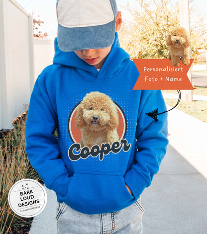 Personalisierter Kinder Hoodie mit Foto und Name Haustier - Retro Kreis