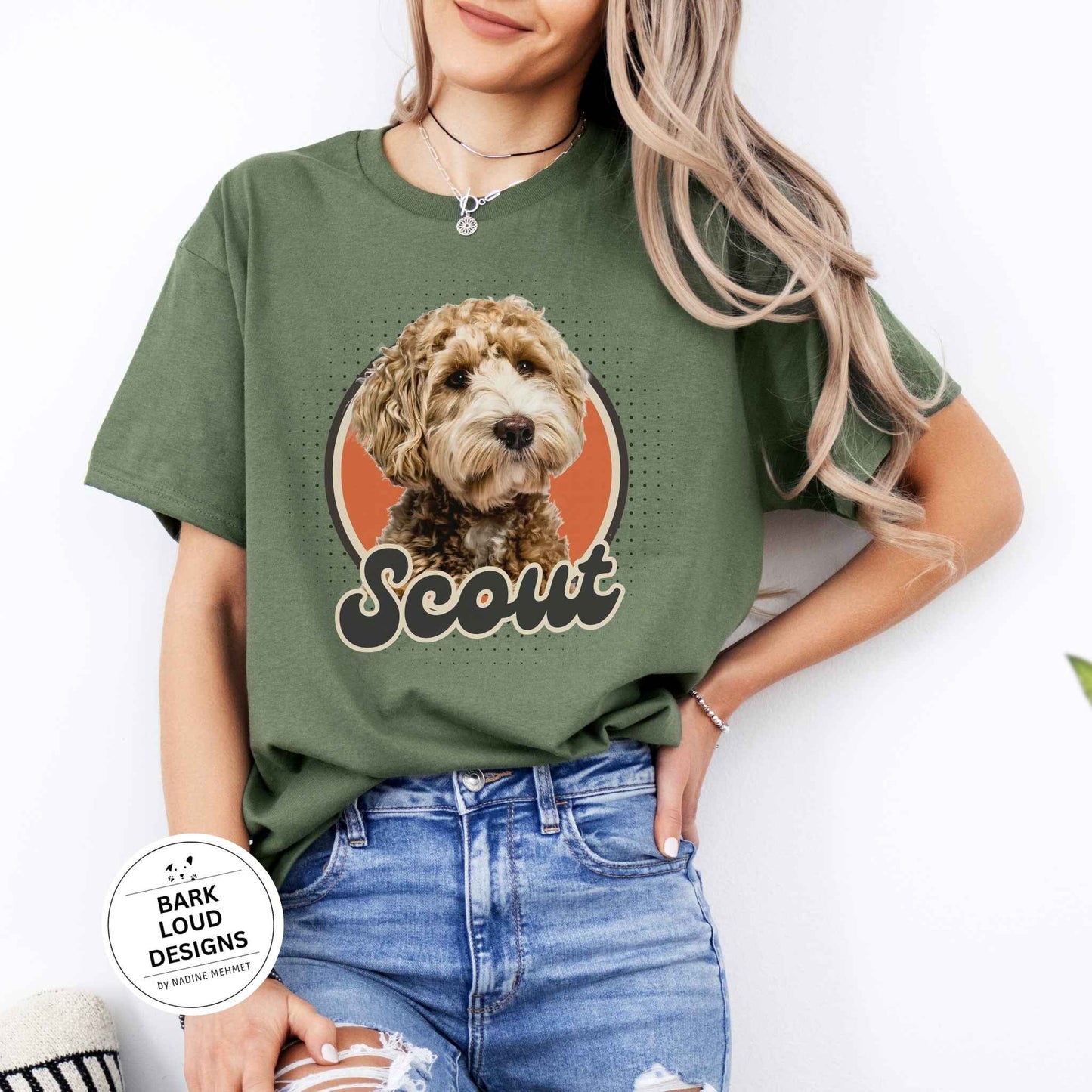 Personalisiertes T-Shirt mit Foto und Name Haustier - Retro Kreis