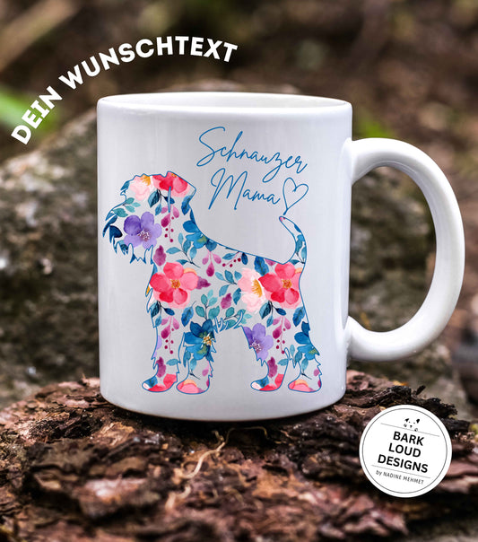 Blumige Schnauzer Tasse personalisiert - mit Wunschtext