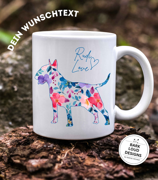 Blumige Bullterrier Tasse personalisiert - mit Wunschtext