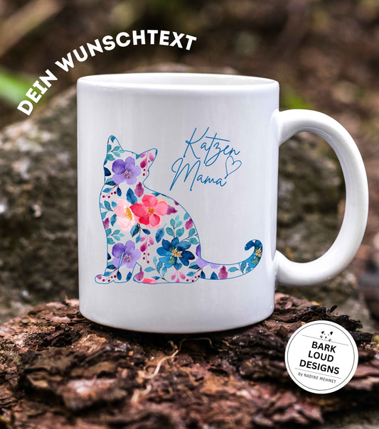 Blumige Katzen Tasse personalisiert - mit Wunschtext