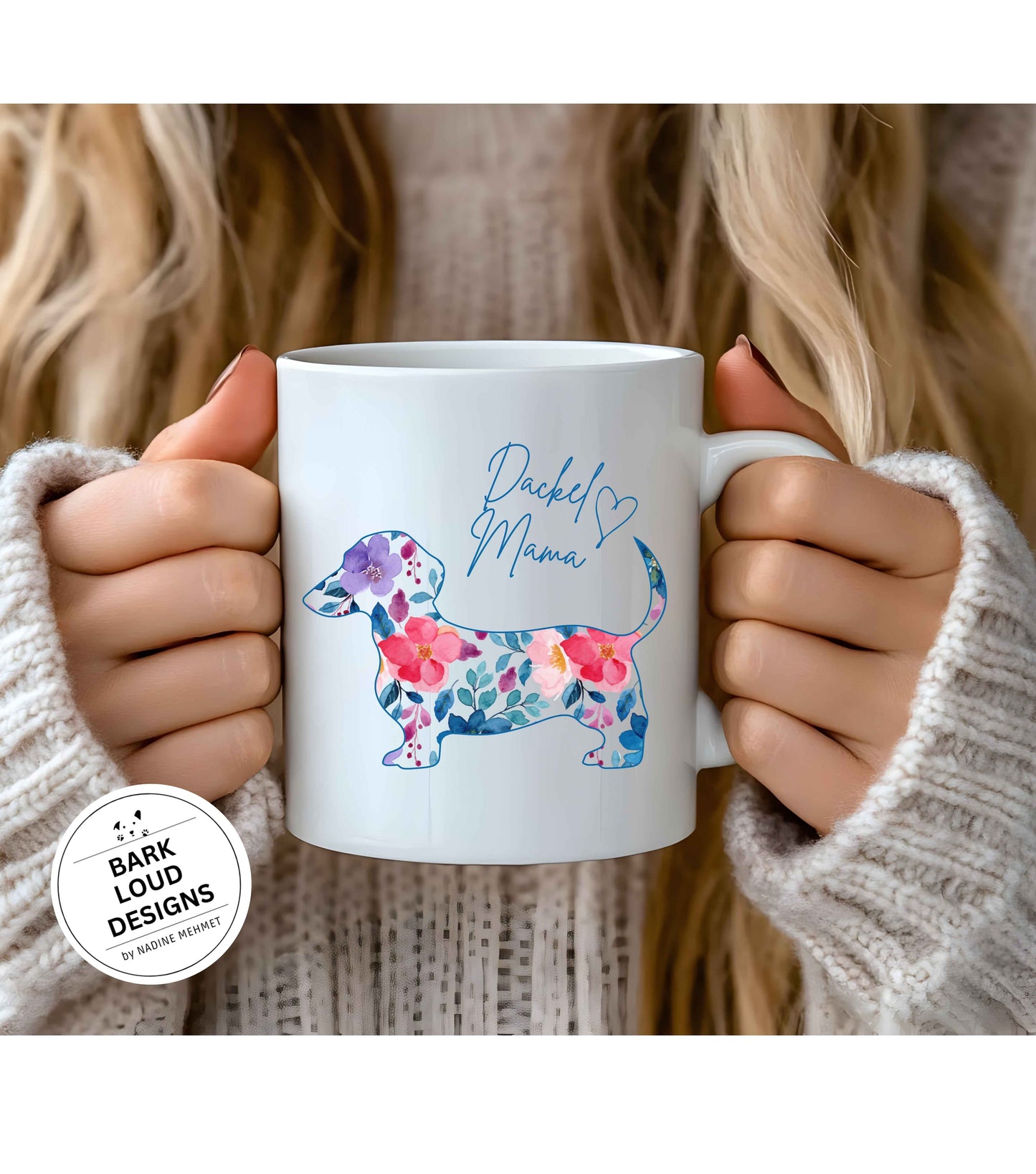 Blumige Dackel Tasse personalisiert - mit Wunschtext