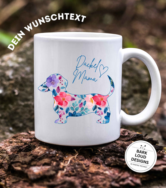 Blumige Dackel Tasse personalisiert - mit Wunschtext