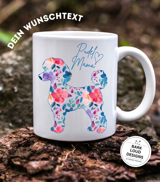 Blumige Pudel Tasse personalisiert - mit Wunschtext
