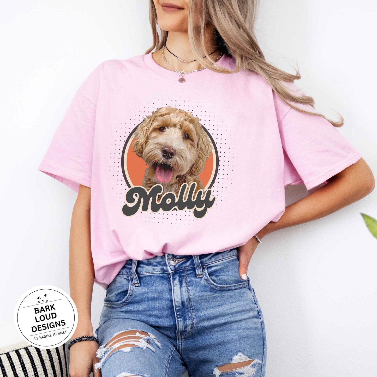 Personalisiertes T-Shirt mit Foto und Name Haustier - Retro Kreis