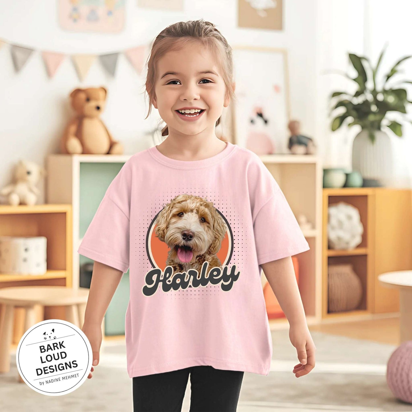 Personalisiertes Kinder T-Shirt mit Foto und Name Haustier - Retro Kreis