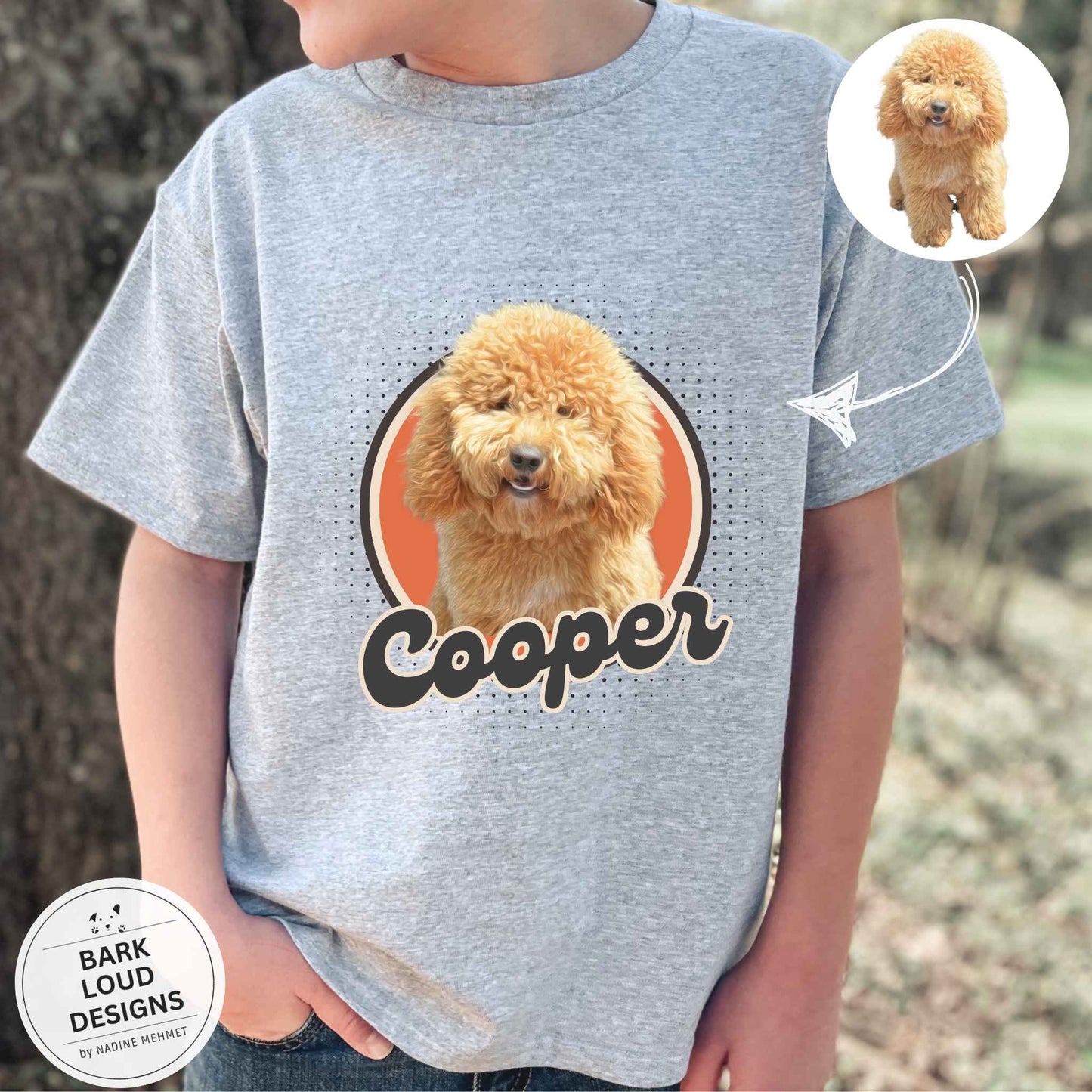 Personalisiertes Kinder T-Shirt mit Foto und Name Haustier - Retro Kreis
