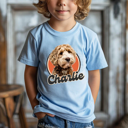 Personalisiertes Kinder T-Shirt mit Foto und Name Haustier - Retro Kreis