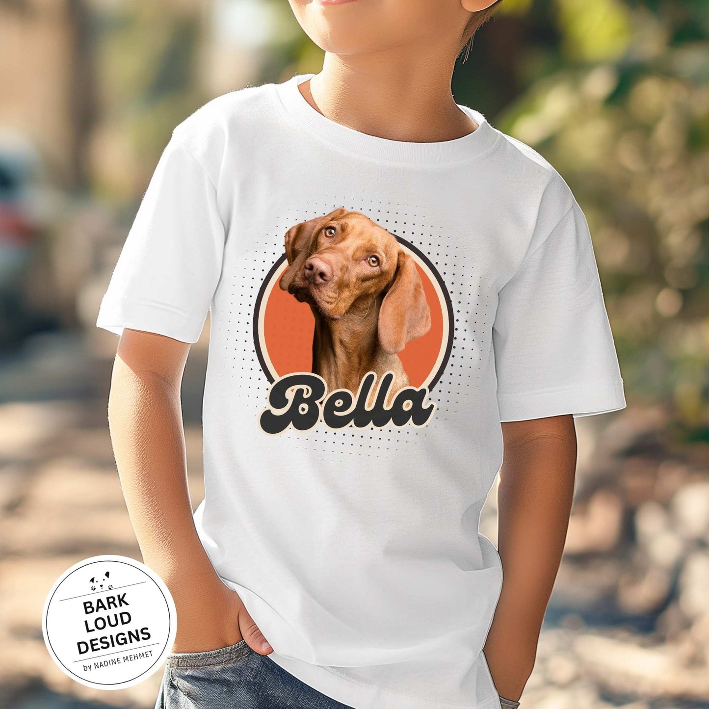 Personalisiertes Kinder T-Shirt mit Foto und Name Haustier - Retro Kreis