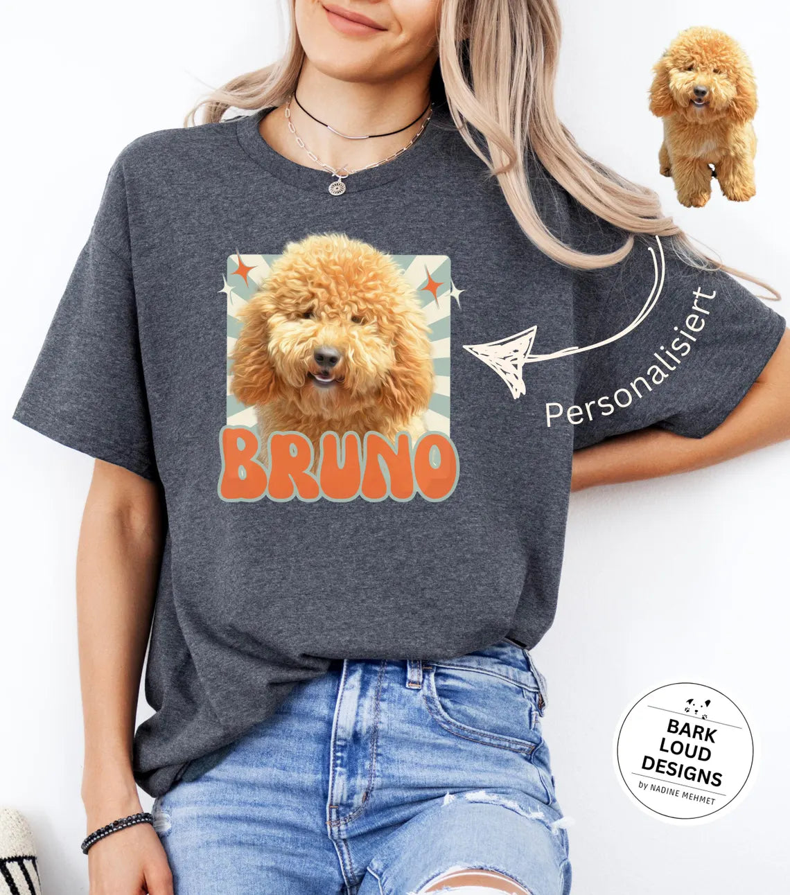 Personalisiertes T-Shirt mit Foto und Name Haustier - Retro Quadrat