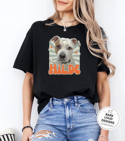 Personalisiertes T-Shirt mit Foto und Name Haustier - Retro Quadrat
