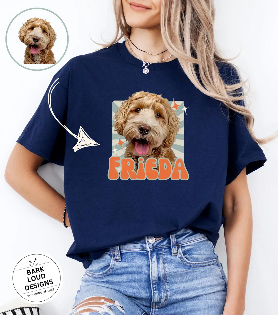Personalisiertes T-Shirt mit Foto und Name Haustier - Retro Quadrat