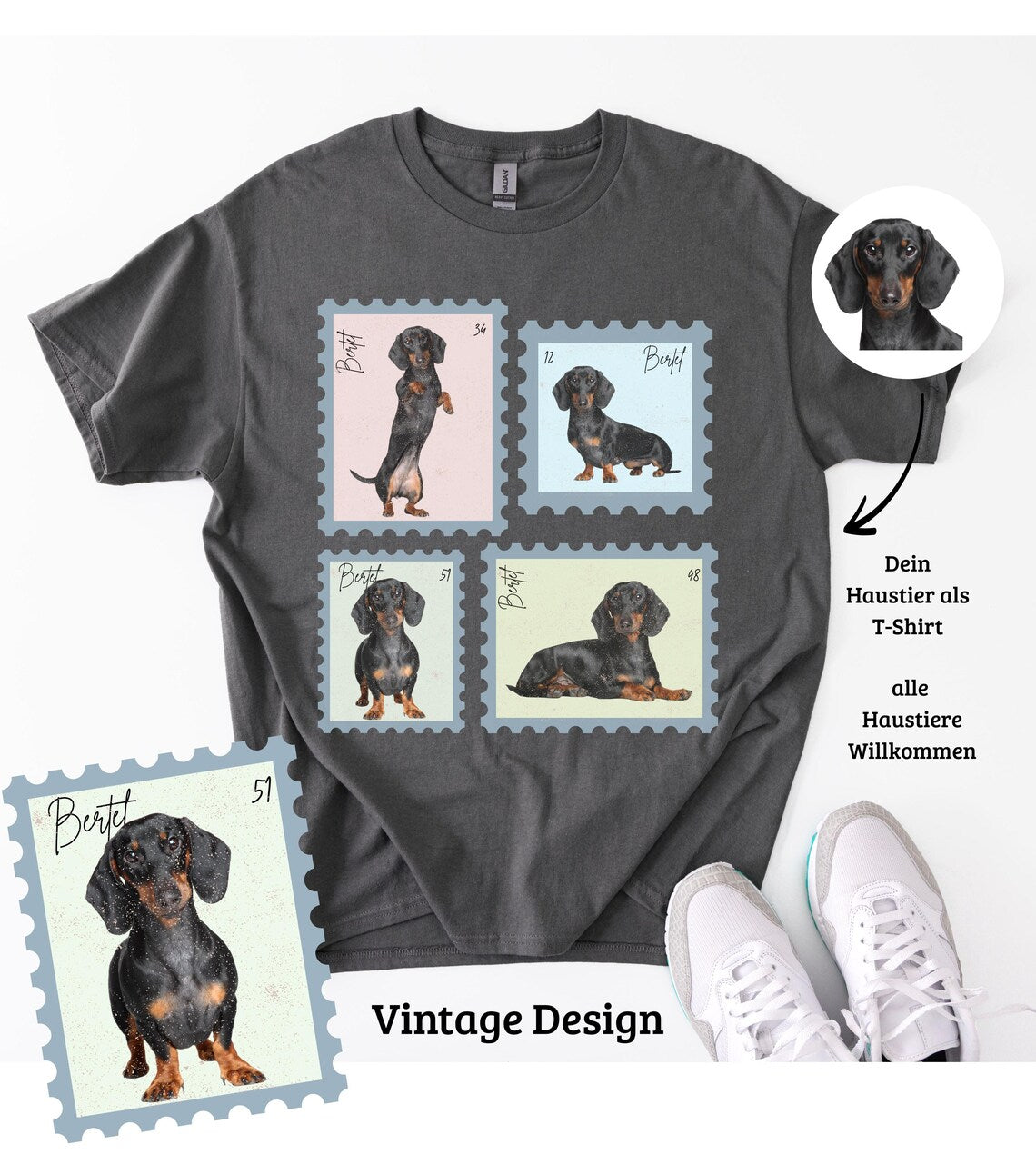 Personalisiertes T-Shirt mit Foto und Name Haustier - Briefmarke Vintage