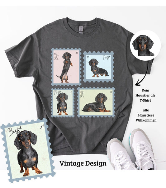 Personalisiertes T-Shirt mit Foto und Name Haustier - Briefmarke Vintage