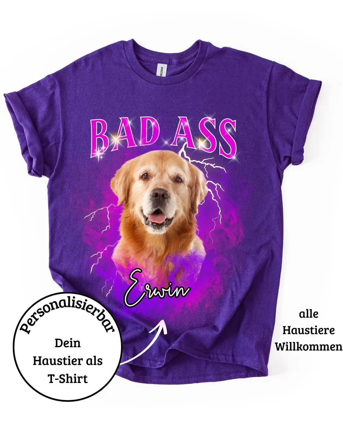Personalisiertes T-Shirt mit Foto und Name Haustier - Bad Ass