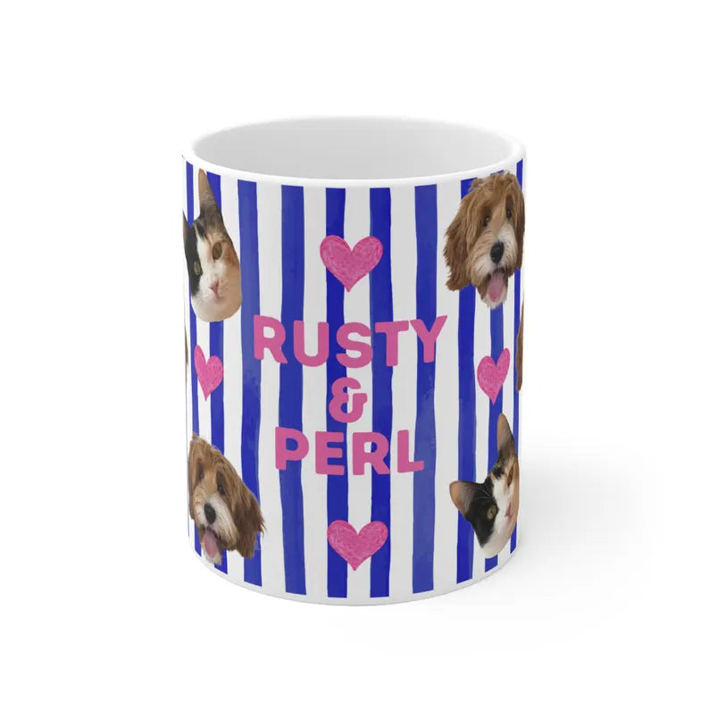 Personalisierte Fototasse mit deinem Haustier und Namen - Blue Stripes Allover