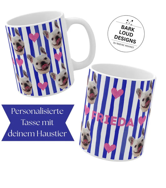 Personalisierte Fototasse mit deinem Haustier und Namen - Blue Stripes Allover