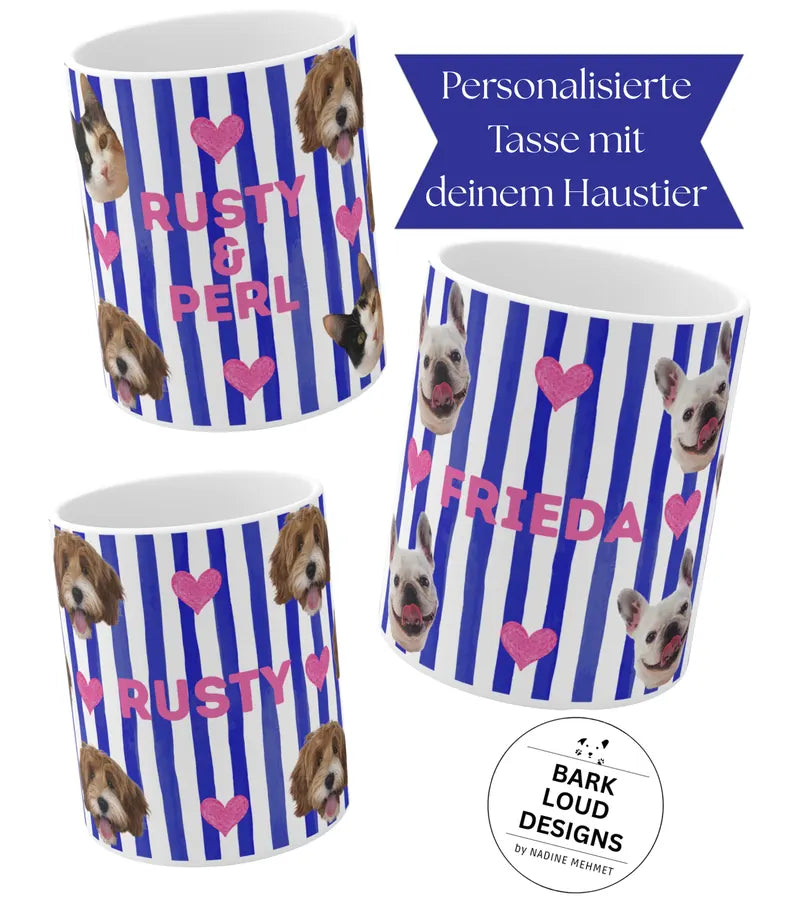 Personalisierte Fototasse mit deinem Haustier und Namen - Blue Stripes Allover