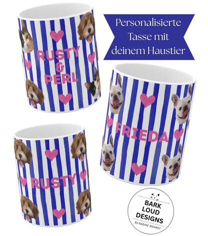 Personalisierte Fototasse mit deinem Haustier und Namen - Blue Stripes Allover
