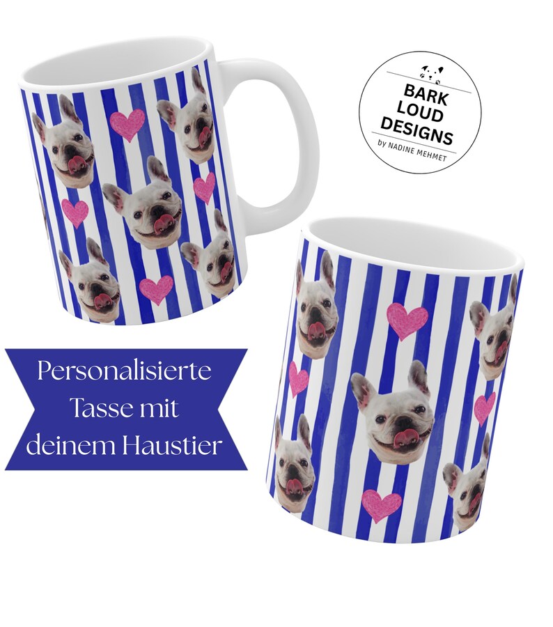Personalisierte Fototasse mit deinem Haustier - Blue Stripes Allover