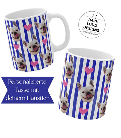 Personalisierte Fototasse mit deinem Haustier - Blue Stripes Allover