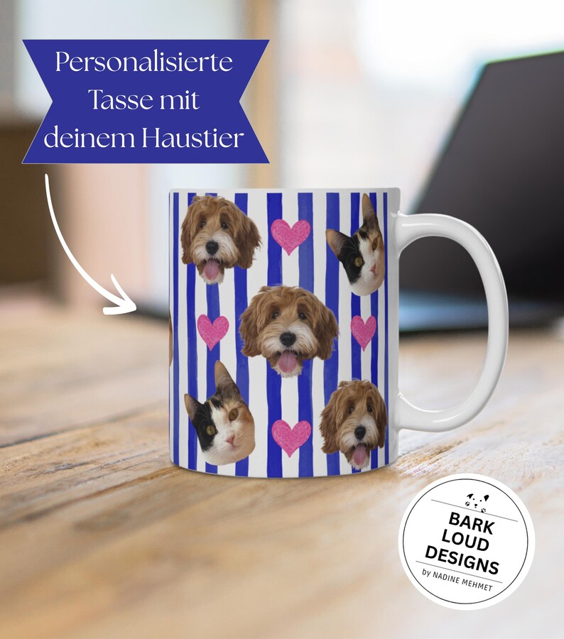 Personalisierte Fototasse mit deinem Haustier - Blue Stripes Allover