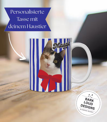 Personalisierte Fototasse Haustier mit Name - Blue Stripes