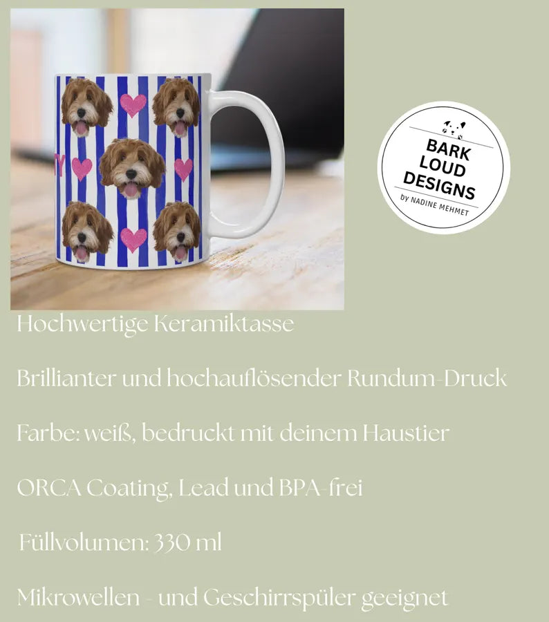 Personalisierte Fototasse mit deinem Haustier und Namen - Blue Stripes Allover