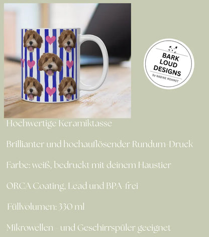 Personalisierte Fototasse mit deinem Haustier und Namen - Blue Stripes Allover